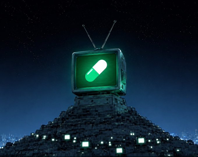 A 3D render of a retro television set displaying a green pill icon, sitting atop a pyramid of old CRT monitors under a starry night sky.
