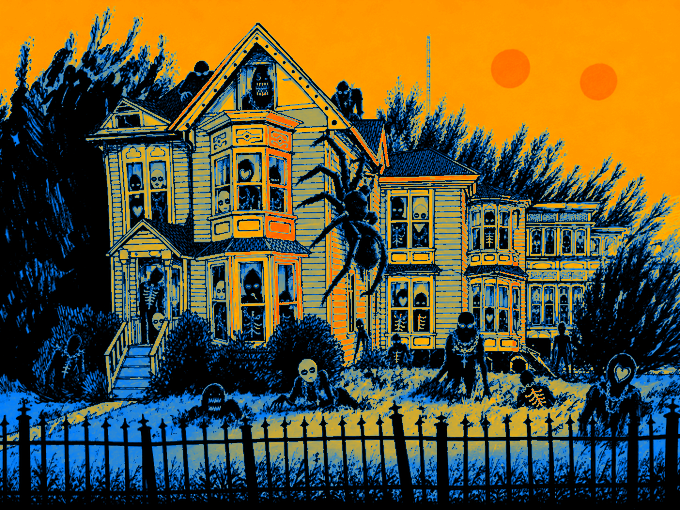 A stylized illustration in orange and blue tones depicting a spooky Victorian house with a large spider on the facade, surrounded by eerie figures and a wrought-iron fence.