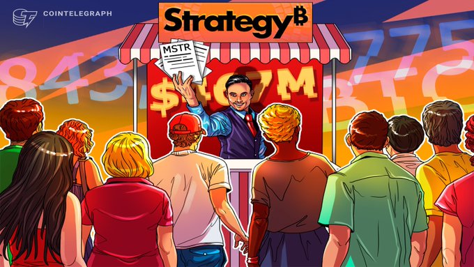 A Cointelegraph illustration depicting a vendor under a 'Strategy' stall handing out papers labeled 'MSTR' to a crowd, with the price '$107M' visible in the background.