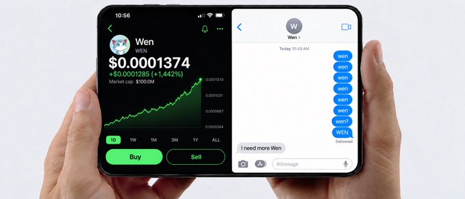 A person holds a smartphone displaying a trading app for the "Wen" token (priced at $0.0001374, +1.442%) alongside an iMessage conversation featuring multiple "WEN" message bubbles, illustrating how users can monitor charts while sharing the meme coin with friends.