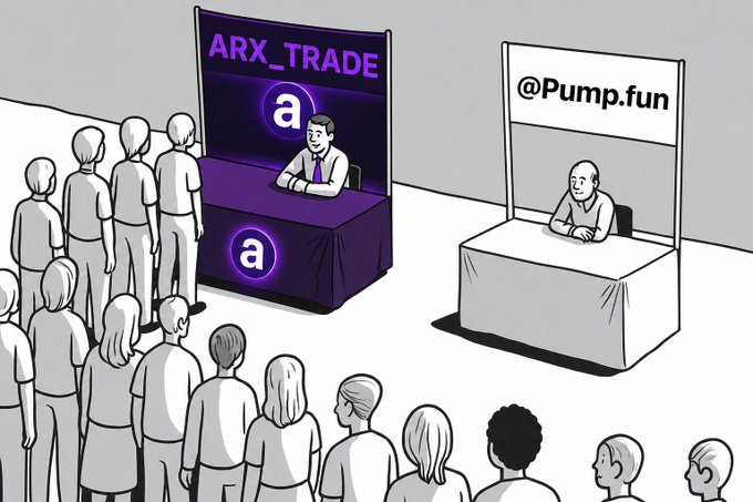 The image depicts a crowd of people at a trade show or convention, where one booth labeled "ARX_TRADE" (in purple) is bustling with attendees, while the neighboring booth labeled "@Pump.fun" sits empty with its lone representative. This visually reinforces the post's message about ARX_TRADE being a more compelling, comprehensive trading platform—drawing the crowd through its AI-powered market insights and behavioral analysis, in contrast to competitors that fail to engage traders seeking meaningful context for their decisions.