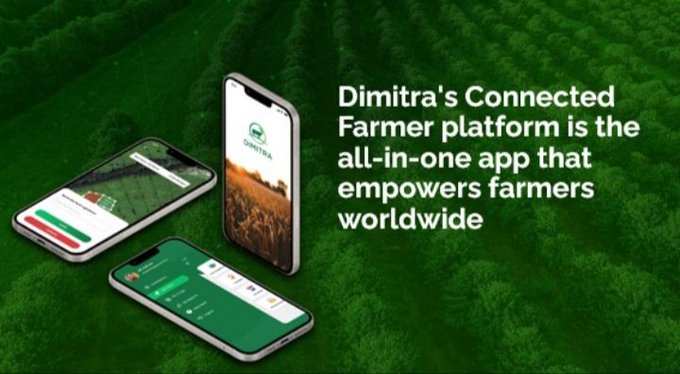 The image showcases Dimitra's Connected Farmer platform, displayed on three smartphones against a backdrop of green farmland, highlighting the tagline "Dimitra's Connected Farmer platform is the all-in-one app that empowers farmers worldwide." This visual complements the promotion of $DMTR as a comprehensive agriculture technology company serving 7M+ farmers across 35+ countries through multiple platforms including Connected Farmer, Connected Coffee, Connected Cocoa, and Livestock Guru.