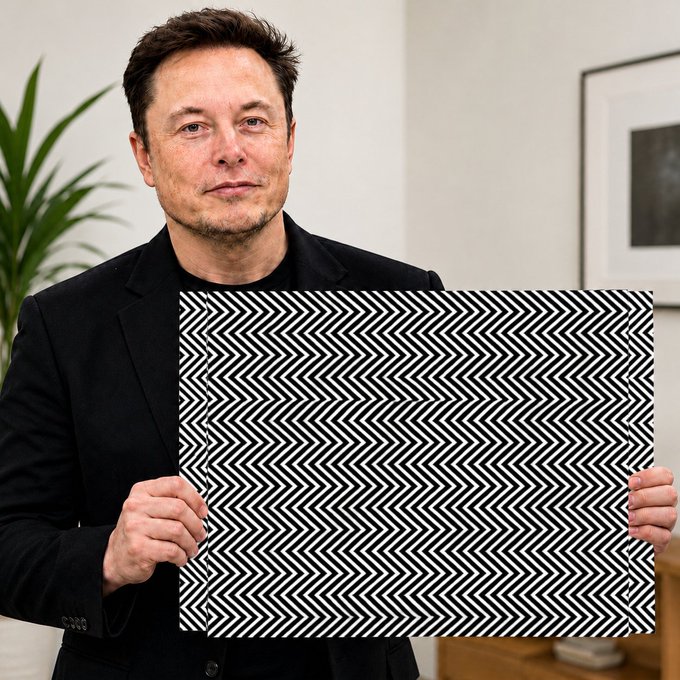 A man in a black suit holding a large black and white chevron-patterned optical illusion print, identified as Elon Musk.