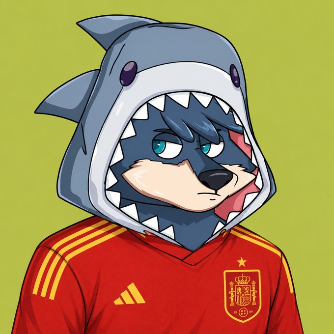 An anime-style anthropomorphic wolf character wearing a blue shark hood and a red Spanish national football jersey with the Adidas logo and team crest.