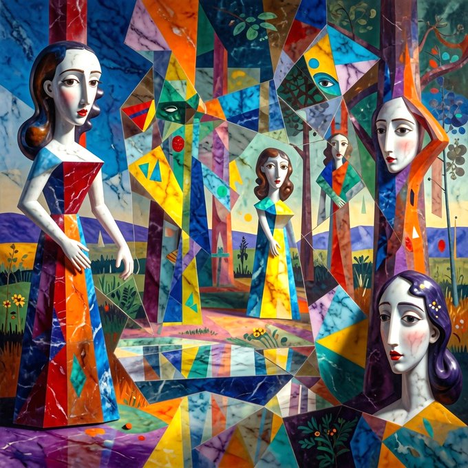 A cubist, fragmented painting featuring stylized female figures in a landscape setting, composed of geometric shapes in vivid colors like blue, yellow, red, and green.