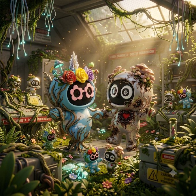 A vibrant 3D-rendered scene of two cute mascot-like robot characters surrounded by overgrown plants, flowers, and mushrooms in an abandoned greenhouse setting with hazard signs.