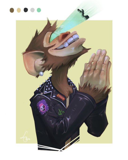 The image is a digital illustration of a Bored Ape Yacht Club (BAYC) NFT character with brown fur, a laser eye beam, and a studded black leather jacket featuring a BAYC patch and a "BAYC" name tag, with its hands clasped together in a prayer or applause gesture. The color palette swatches at the top (brown, tan, black, gray, mint green) reference the "B.O.D" (Board of Directors) post celebrating Adam Weitsman's appointment to Yuga Labs' board, with the artwork serving as a tribute piece to mark this announcement for the BAYC community.