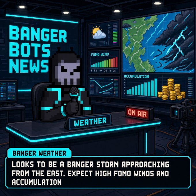 A pixel art news broadcast graphic featuring a skeleton news anchor at a desk with screens displaying weather maps, charts, and 'BANGER BOTS NEWS'. Text below reads: 'BANGER WEATHER. LOOKS TO BE A BANGER STORM APPROACHING FROM THE EAST. EXPECT HIGH FOMO WINDS AND ACCUMULATION'.
