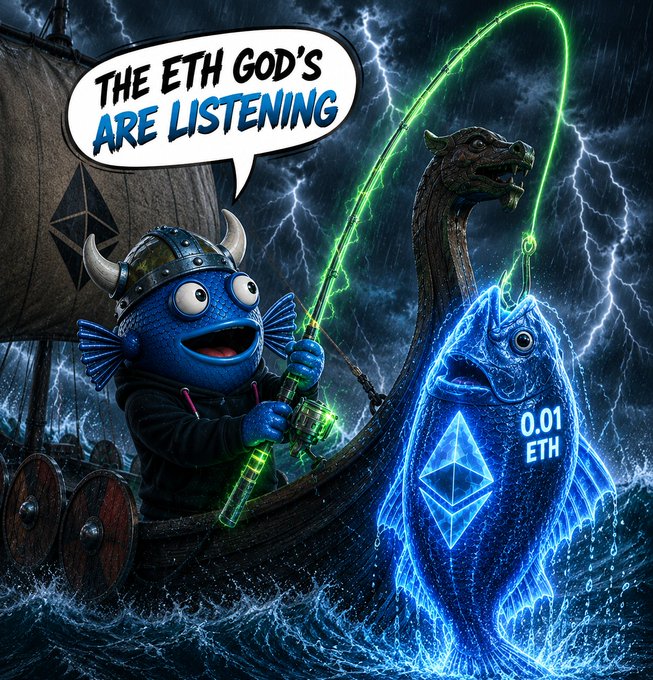 A digital artwork features a blue cartoon fish character in a Viking helmet fishing for a glowing blue Ethereum (ETH) fish priced at '0.01 ETH', with the text 'THE ETH GOD'S ARE LISTENING'.