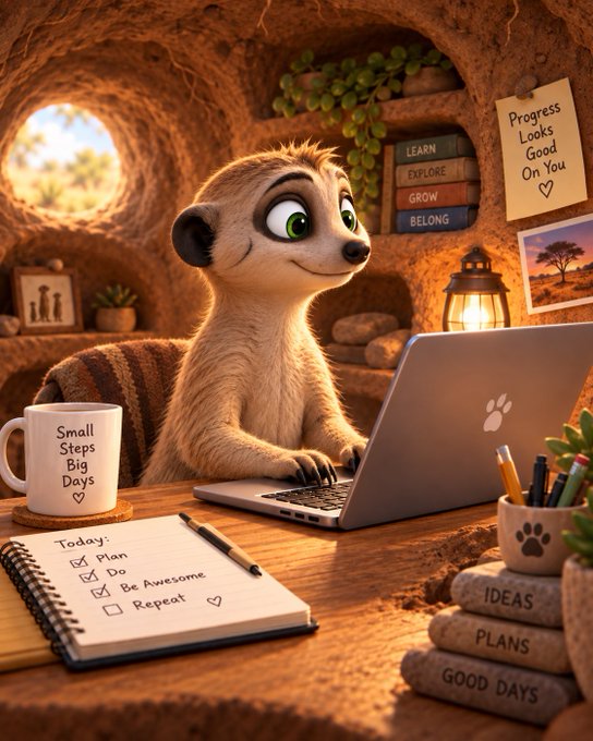 A cheerful meerkat works diligently on a laptop in a cozy burrow filled with motivational cues—including a "Progress Looks Good On You ♡" note, a mug reading "Small Steps Big Days," a to-do list (Plan, Do, Be Awesome, Repeat), and stacked books labeled "IDEAS, PLANS, GOOD DAYS." The warm, productive scene perfectly captures the post's "Good vibes and hard work pays off $Nearkat" message, blending cute crypto culture with the steady grind of daily progress.