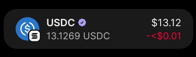 A crypto wallet interface displaying a USDC balance of 13.1269 USDC valued at $13.12.