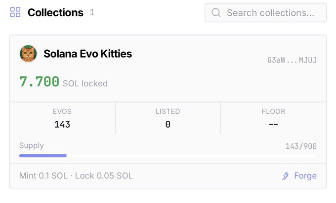 A screen showing a Solana blockchain collection called 'Solana Evo Kitties' with 7.700 SOL locked, 143 EVOS out of 900 supply, and minting fees of 0.1 SOL / 0.05 SOL lock.