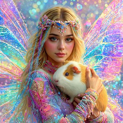 A fantasy-style illustration of a blonde woman with a jeweled headpiece and iridescent fairy wings, holding a guinea pig against a sparkly background.