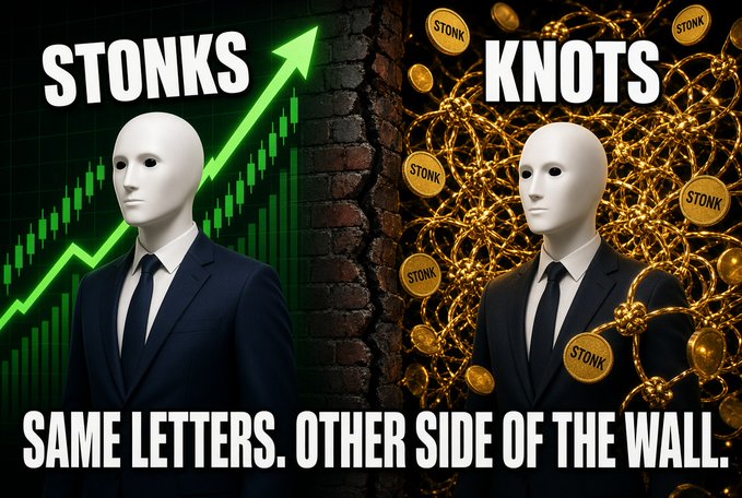 The image presents a side-by-side comparison with "STONKS" on the left—shown as a suited mannequin in front of a green stock chart with an upward arrow—and "KNOTS" on the right, featuring the same mannequin against a backdrop of golden coins and chains stamped with "STONK," separated by a brick wall. Bold text at the bottom reads "SAME LETTERS. OTHER SIDE OF THE WALL," reinforcing the post's message that $KNOTS is the inverse counterpart to $STONK, with the handle @KnotsOnStonk tying the two together.
