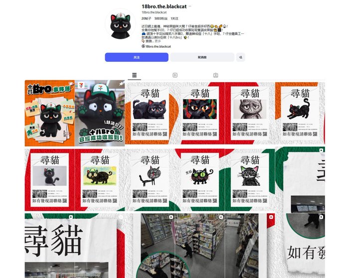An Instagram profile page for '18bro.the.blackcat' with 208 followers and 500 posts, displaying a grid of cat-themed posts and missing cat flyers with Chinese text '尋貓' (looking for cat).