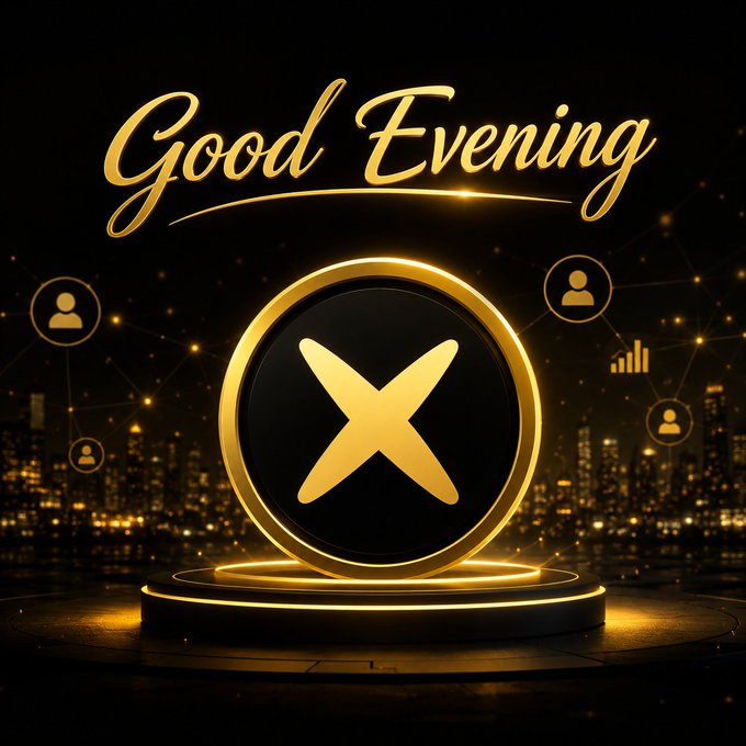 A black and gold stylized graphic with "Good Evening" in cursive script above a circular gold emblem containing an X, set against a city skyline background with social network icons.