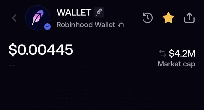 The image shows a cryptocurrency tracking interface for the $WALLET token on Robinhood Wallet, displaying a price of $0.00445 and a market cap of $4.2M, with a verified checkmark confirming the authentic Robinhood Wallet logo update noted in the post.