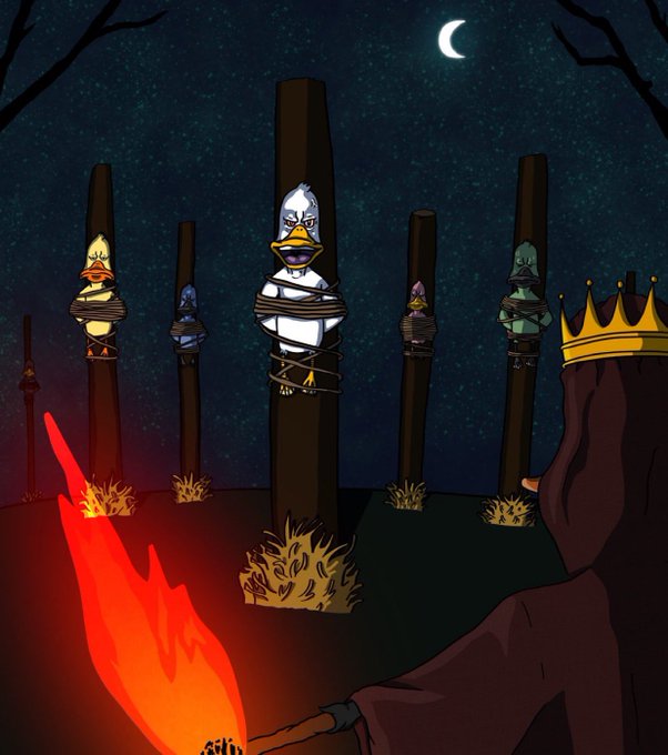 A dark fantasy illustration showing a crowned figure holding a torch, watching duck characters tied to wooden stakes in a forest at night.