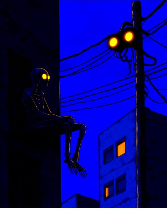 A digital illustration of a skeletal figure with glowing yellow eyes sitting on a ledge at night, gazing at a traffic light with two illuminated yellow lamps against a deep blue sky.