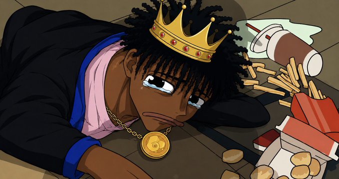 The image features a cartoon man with dreadlocks wearing a crown and holding a gold chain around his neck. The man appears sad or crestfallen as he lays down on the ground, surrounded by various objects such as fries and drinks. There is also a caption that reads "some personal news: i'm stepping down from my role at @AvaLabs and @AvalancheFDN today. I was the meme guy incharge of memes, now no one laughs to my memes." This suggests that the man's situation might be related to his work or social media presence, possibly due to changes in his role or the content he creates for others.