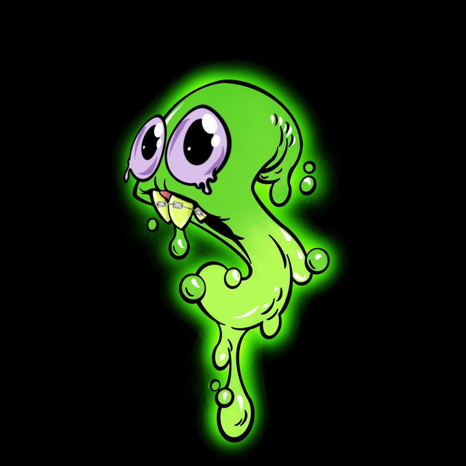 A cartoon illustration of a green, melting, slime-like creature with large purple eyes blowing a yellow bubblegum bubble against a black background.