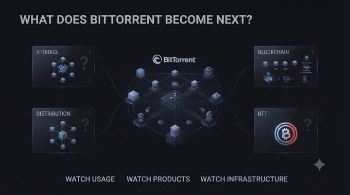 A dark infographic titled "WHAT DOES BITTORRENT BECOME NEXT?" featuring the BitTorrent logo at the center surrounded by interconnected nodes, with four labeled panels representing "STORAGE," "DISTRIBUTION," "BLOCKCHAIN," and "BTT," along with footer links to "WATCH USAGE," "WATCH PRODUCTS," and "WATCH INFRASTRUCTURE." The visual maps out BitTorrent's multi-layered ecosystem, illustrating the post's point that the conversation should extend beyond BTT alone to encompass BitTorrent's broader infrastructure role in decentralized data, spanning distribution, storage, blockchain, and the BTT token.