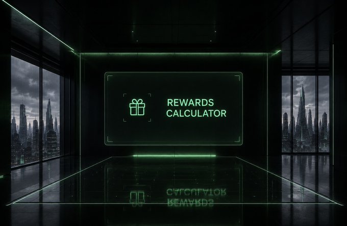 A futuristic dark room with a glowing green 'REWARDS CALCULATOR' holographic display, with cityscapes visible through windows on both sides.