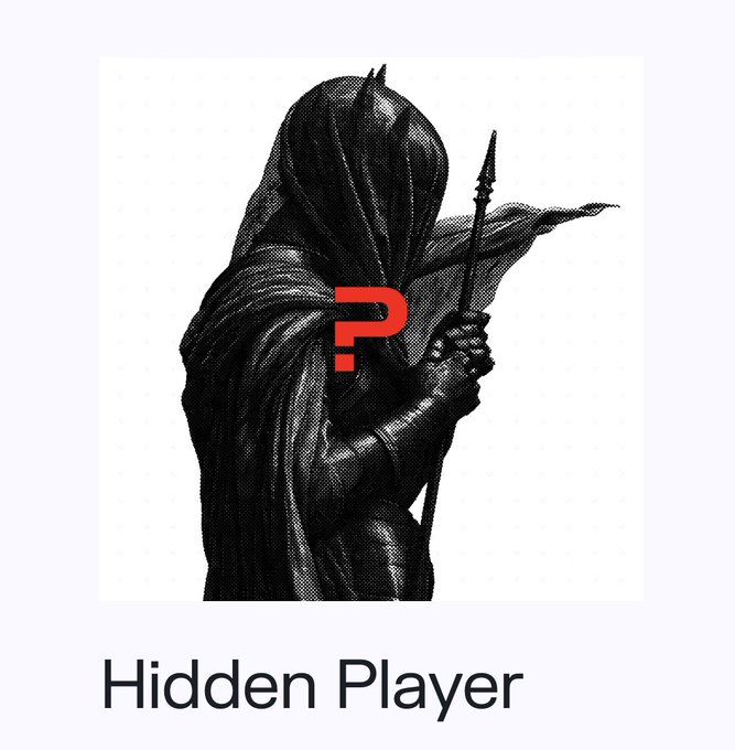 A stylized black and white illustration of a hooded, shadowy figure holding a spear, featuring a red question mark and the text 'Hidden Player' below.