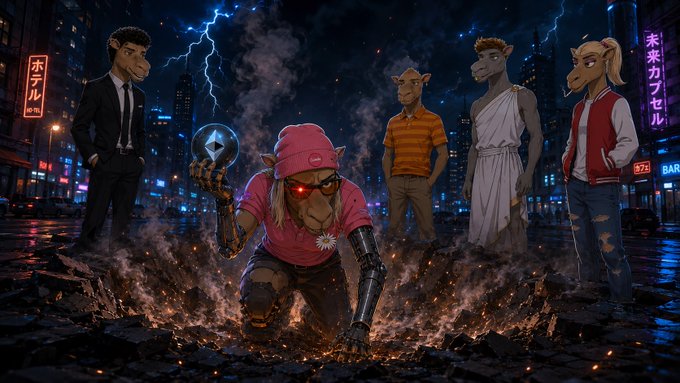 A stylized digital artwork featuring anthropomorphic llama/alpaca characters in various outfits (suit, pink beanie, toga, varsity jacket) gathered in a cyberpunk nighttime city setting with Japanese neon signs.