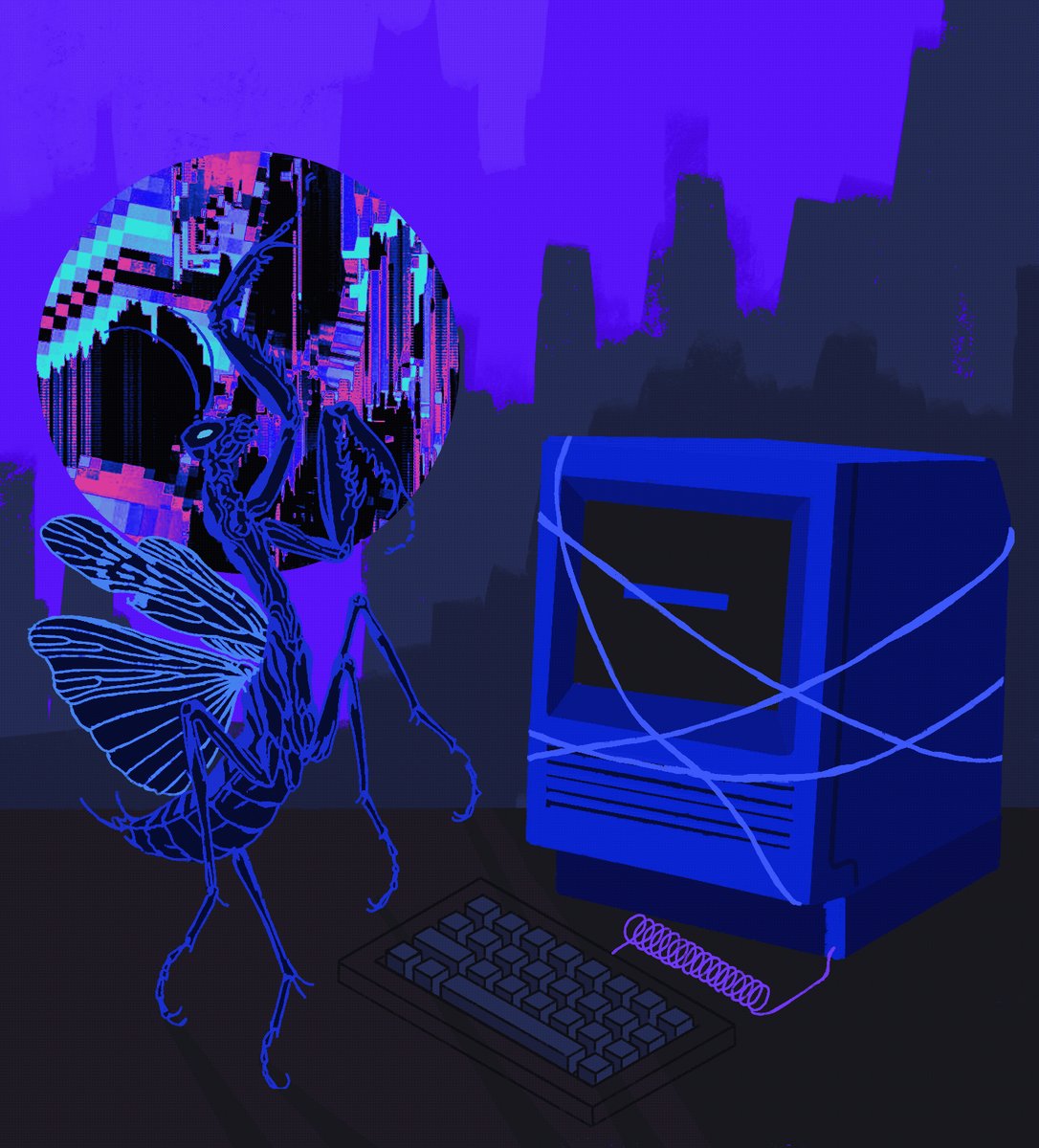 The image features a computer monitor with a keyboard, along with a blue insect figure holding an antennae over the keyboard. The insect appears to be a dragon or a praying mantis, depending on the viewer's perspective. The background of the image is dark purple and has a city skyline visible in the distance. The post seems to be promoting a collection of artworks by @ District468 I Love You, which could include digital art pieces like this one.