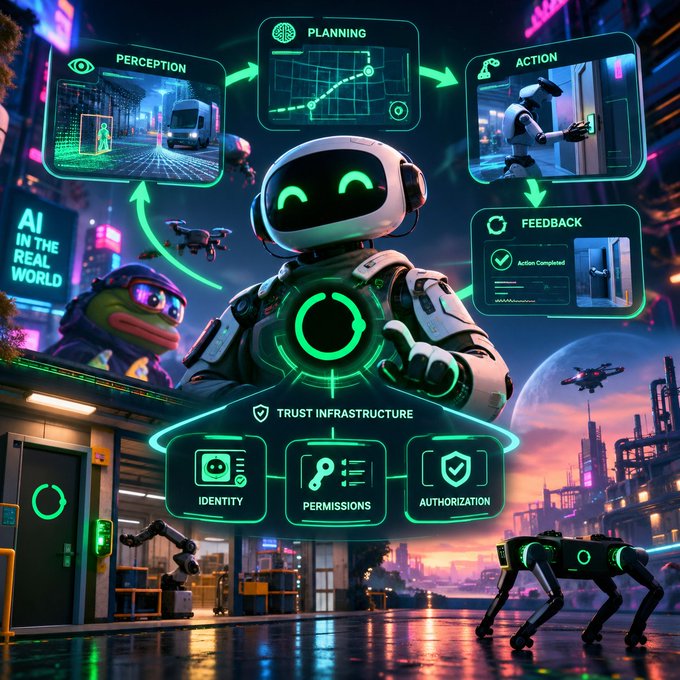 A futuristic digital illustration depicts a smiling robot surrounded by holographic interfaces labeled 'PERCEPTION', 'PLANNING', 'ACTION', and 'FEEDBACK', with a 'TRUST INFRASTRUCTURE' panel showing 'IDENTITY', 'PERMISSIONS', and 'AUTHORIZATION' icons.