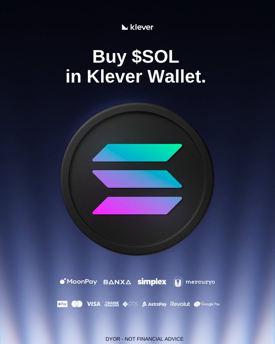 An advertisement for Klever Wallet encouraging users to "Buy $SOL in Klever Wallet," displaying the Solana logo and various payment method logos.
