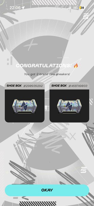 The image shows a phone screen displaying two boxes of shoes, with one box labeled "Shoe Box #29892". The other box has an "OKAY" button at the bottom right corner. The background features a patterned design that includes lines and arrows in various colors.