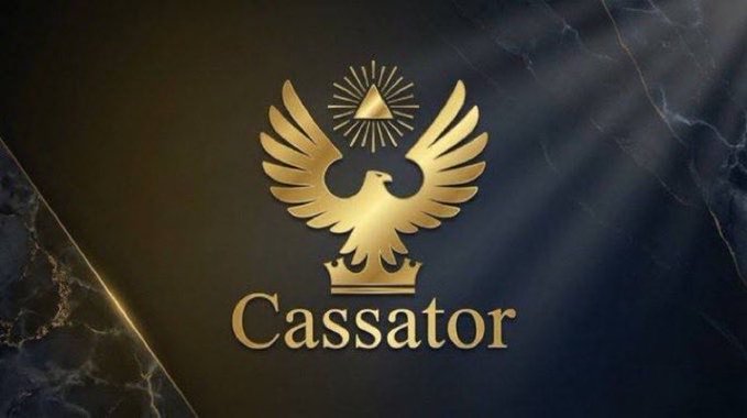 The image displays an elegant logo featuring a golden eagle with outstretched wings, a radiant triangle above its head, and a crown beneath, with the name "Cassator" in gold lettering against a dark marble-textured background. This appears to be promotional branding for the "Cassator" platform, which is advertising a Ukraine Independence staking campaign (SL8) offering boosted yields and tokenized NBU gold opportunities until September 21, 2026.