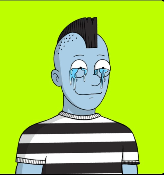 A cartoon illustration of a blue-skinned character with a mohawk, wearing a black and white striped shirt, with blue tears streaming down from his eyes against a green background.