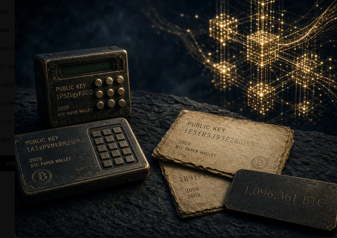 An image showing a rugged electronic device, labeled "PUBLIC KEY 1P5ZigYFx02" and "2009 BTC PAPER WALLET," alongside worn paper documents marked "PUBLIC KEY 1E5fR5j95E2RGiWNBeLN" and "1.096,361 BTC" against a dark background featuring glowing golden circuit-like patterns. The image visually reinforces the post's warning by depicting early Bitcoin paper wallets and a potential future quantum computing threat to Satoshi-era cryptocurrency holdings.