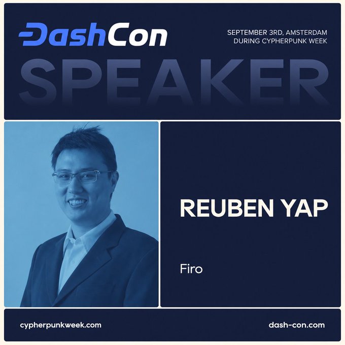 Promotional graphic for DashCon Speaker event on September 3rd in Amsterdam during Cypherpunk Week, featuring Reuben Yap from Firo.
