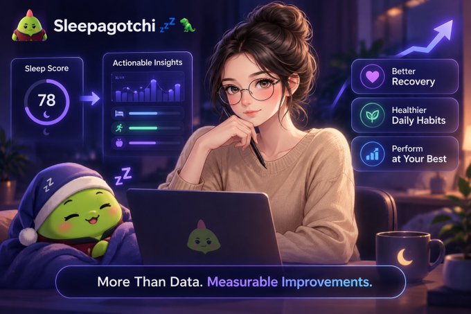 **Image caption:** A promotional graphic for "Sleepagotchi" features a woman with glasses working on a laptop beside a cute green sleep-themed mascot, with floating dashboard panels displaying a Sleep Score of 78, "Actionable Insights" charts, and benefit tags reading "Better Recovery," "Healthier Daily Habits," and "Perform at Your Best," anchored by the tagline "More Than Data. Measurable Improvements."

**Relation to post:** The visual reinforces the tweet's message by illustrating Sleepagotchi's core value proposition—transforming raw sleep metrics into actionable guidance through a charming, gamified experience rather than just a static score.