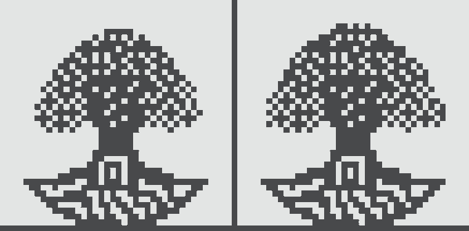Two pixel-art style black and white illustrations of trees with visible roots, shown side by side in a 1-bit retro game aesthetic.