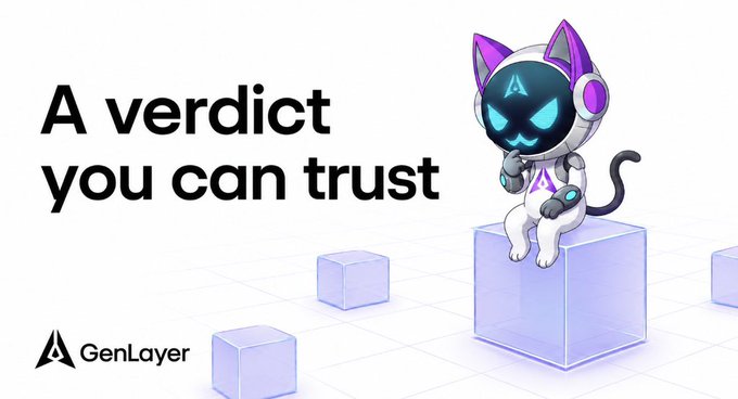 A promotional banner for GenLayer featuring a robotic cat mascot on a translucent cube with the text 'A verdict you can trust' and the GenLayer logo.