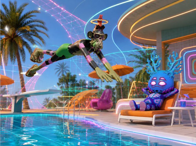 A vibrant 3D-rendered scene of a green-skinned character in a striped swimsuit and hat diving into a pool at a tropical resort, while a blue coral-like character lounges on a chair nearby.
