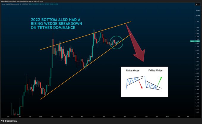 A TradingView chart of Tether Dominance featuring a rising wedge pattern with the annotation '2022 BOTTOM ALSO HAD A RISING WEDGE BREAKDOWN ON TETHER DOMINANCE' and a large red arrow indicating a downward projection, alongside an inset diagram comparing rising and falling wedge patterns.