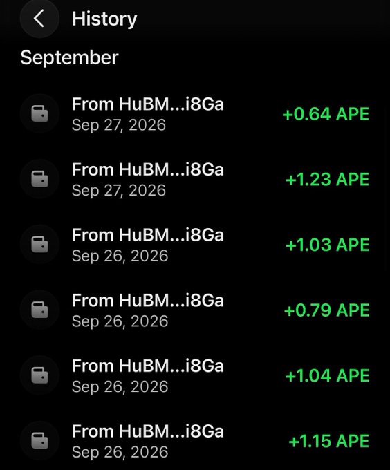 A mobile app history screen shows several incoming APE cryptocurrency transactions from a wallet starting with 'HuBM' dated September 26-27, 2026.