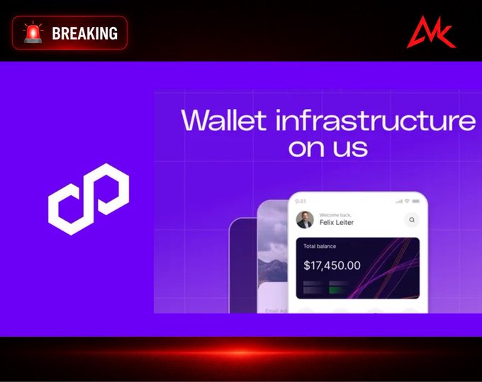 A 'BREAKING' news graphic announcing 'Wallet infrastructure on us' with a Polygon (POL) logo and a wallet interface showing a $17,450.00 balance.