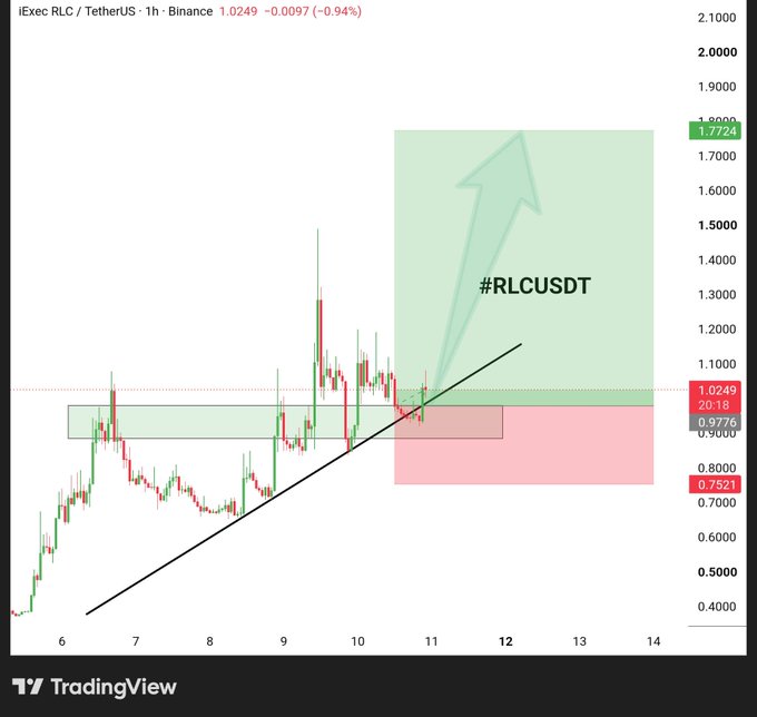A TradingView candlestick chart for iExec RLC / TetherUS (RLCUSDT) on Binance showing a current price of 1.0249, with an upward trend line and green target box.