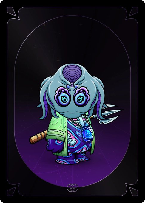 A stylized digital illustration of an alien-like character with large purple eyes, a teal and purple color scheme, holding a claw-like weapon, and wearing armor with a 'GG' patch, set against a dark purple tarot-style card background.