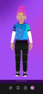 A digital avatar of a person with pink hair, wearing a colorful patterned shirt and black pants, displayed on a mobile app screen with a purple background.