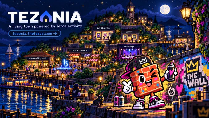 A pixel art promotional image for "TEZONIA" describes it as "A living town powered by Tezos activity" with the URL tezonia.thetezos.com, showing a vibrant nighttime town scene with a brick mascot character holding spray paint.