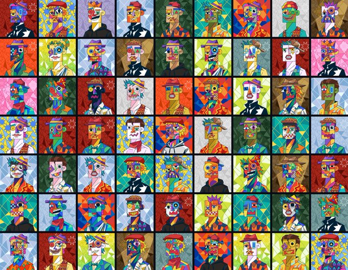 A grid of colorful, geometric, cubist-style portraits featuring various characters with mustaches, hats, and sunglasses rendered in vibrant patterns.