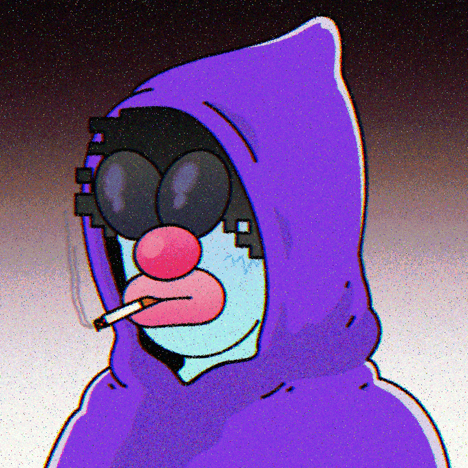 A stylized illustration of a hooded figure in purple with large sunglasses, a pink nose, and a cigarette in their mouth, rendered with a grainy, lo-fi aesthetic.